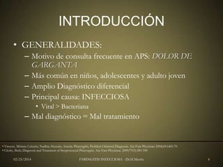 INTRODUCCIÓN
• GENERALIDADES:
– Motivo de consulta frecuente en APS: DOLOR DE
GARGANTA
– Más común en niños, adolescentes y adulto joven
– Amplio Diagnóstico diferencial
– Principal causa: INFECCIOSA
• Viral > Bacteriana

– Mal diagnóstico = Mal tratamiento

• Vincent, Miriam; Celestin, Nadhia; Hussain, Aneela; Pharyngitis, Problem Oriented Diagnosis. Am Fam Physician 2004;69:1465-70
• Choby, Beth; Diagnosis and Treatment of Streptococcal Pharyngitis. Am Fam Physician. 2009;79(5):383-390

02/25/2014

FARINGITIS INFECCIOSA - Dr.H.Martín

4

 