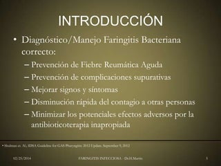 INTRODUCCIÓN
• Diagnóstico/Manejo Faringitis Bacteriana
correcto:
– Prevención de Fiebre Reumática Aguda
– Prevención de complicaciones supurativas
– Mejorar signos y síntomas
– Disminución rápida del contagio a otras personas
– Minimizar los potenciales efectos adversos por la
antibioticoterapia inapropiada
• Shulman et. Al.; IDSA Guideline for GAS Pharyngitis: 2012 Update. September 9, 2012
02/25/2014

FARINGITIS INFECCIOSA - Dr.H.Martín

5

 