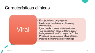 Características clínicas
3/9/20XX Título de la presentación 5
• Enrojecimiento de garganta
• La rinorrea, tos húmeda, disf...
