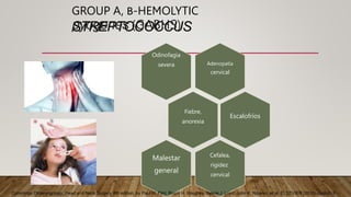 GROUP A, Β-HEMOLYTIC
STREPTOCOCCUS
Adenopatía
cervical
pyogenes (GABHS)
Odinofagia
severa
Fiebre,
anorexia
Escalofríos
Cefalea,
rigidez
cervical
Malestar
general
Cummings Otolaryngology: Head and Neck Surgery. 6th edition, by Paul W. Flint, Bruce H. Haughey, Valerie J. Lund, John K. Niparko, et al, ELSEVIER (2015) capitulo 9
 