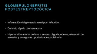 G L O M E R U L O N E F R I T I S
P O S T E S T R E P T O C Ó C I C A
• Inflamación del glomerulo renal post infección.
• De inicio rápido con hematuria.
• Hipertensión arterial de leve a severa, oliguria, edema, elevación de
azoados y en algunas oportunidades proteinuria.
 