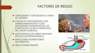 FACTORES DE RIESGO
 TABAQUISMO Y EXPOSICION AL HUMO
DE CIGARRO .
 CONTACTO CON PACIENTES CON
FARINGOAMIGDALITIS O CON
PORTADORES ASINTOMATICOS DE
STREPTOCOCCUS BETA-HEMOLITICO
DEL GRUPO A.(EBHCA).
 ANTECEDENTES DE HABER PADECIDO
REFLUJO GASTROESOFAGICO.
 INFECCIONES RESPIRATORIAS
RECURRENTES.
 AIRE ACONDICIONADO.
 