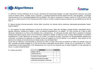 3
A.- Definición: Proceso inflamatorio de la mucosa y estructuras del área faringo-amigdalar, de origen habitualmente infeccioso que puede
cursar con eritema, edema, exudado, úlcera o vesículas1,2
. La etiología depende de la edad, estación del año y área geográfica. La etiología
más frecuente es vírica. Las faringoamigdalitis (FAA por EBHGA) muy raras en menores de 18 meses, suponen un 5-10% de FAA en niños
entre los 2 y 3 años y solo el 3-7% en menores de 2 años2
. Entre 4 y 18 años, la edad de máxima incidencia, son por EBHGA solo el 30% de
FAA1,3,4
.
B.- Algunos de estos síntomas asociados: rinorrea, aftas, conjuntivitis, tos, diarreas, afonía, exantemas, adenopatias generalizadas, hepato-
esplenomegalia3,4
.
C.- Son sugestivo de origen estreptocócico la clínica de comienzo brusco, fiebre alta, odinofagia, exudado faríngeo, adenopatias cérvico-
laterales anteriores, enantema en paladar y úvula, el exantema escarlatiniforme y la cefalea3,4
. En niños menores de 3 años es difícil
diferenciar, basándose en la clínica, entre etiología vírica y estreptocócica. En este grupo de edad, deben llevar a sospechar la etiología
estreptocócica algunos signos clínicos como el enantema petequial en paladar, el edema de úvula, la lengua aframbuesada o el exantema
escarlatiniforme, el dolor abdominal, las náuseas y los vómitos y la presencia de algún conviviente con faringoamigdalitis estreptocócica
confirmada. La existencia de petequias en el paladar aunque es sugestiva de FAA por EBHGA, no es definitoria pues también se han
descrito en la rubéola y en las infecciones por herpes simple y virus de Epstein-Barr2
.
En las FAA por adenovirus, más frecuentes en menores de 3 años, el cuadro clínico típico se presenta con fiebre muy elevada, mayor de
39ºC, asociada a exudado amigdalar en un 50% de los casos y adenopatía cervical anterior, rinorrea, tos y/o conjuntivitis en un 15-25%,
características clínicas superponible a FAA estreptocócica, por lo que es muy frecuente que el manejo terapéutico no sea adecuado sin
recurrir a prueba complementarias2
.
D.- Criterios de Centor5
: CRITERIO PUNTOS
Fiebre > 38 °C 1
Ausencia de tos 1
Exudado faringoamigdalar 1
Adenopatías laterocervicales
anteriores protuyentes y dolorosas 1
 