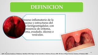 Proceso inflamatorio de la
mucosa y estructuras del
área faringoamigdalar, con
presencia de eritema,
edema, exudado, úlceras o
vesículas.
DEFINICION
 