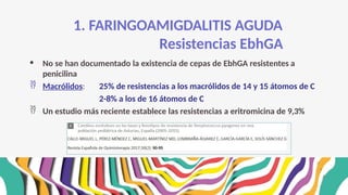 1. FARINGOAMIGDALITIS AGUDA
Resistencias EbhGA
• No se han documentado la existencia de cepas de EbhGA resistentes a
penicilina
 Macrólidos: 25% de resistencias a los macrólidos de 14 y 15 átomos de C
2-8% a los de 16 átomos de C
 Un estudio más reciente establece las resistencias a eritromicina de 9,3%
 