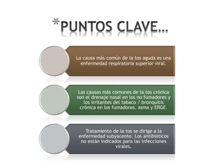 *
La causa más común de la tos aguda es una
enfermedad respiratoria superior viral.
Las causas más comunes de la tos crónica
son el drenaje nasal en los no fumadores y
los irritantes del tabaco / bronquitis
crónica en los fumadores. asma y ERGE.
Tratamiento de la tos se dirige a la
enfermedad subyacente. Los antibióticos
no están indicados para las infecciones
virales.
 