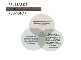 Test de broncodilatadores
identifica enfermedad
reversible
Espirometría 
difíciles de realizar
en niños menores de
5 años, por lo que el
diagnóstico en estos
pacientes se basa en
la historia, el examen
y la respuesta al
tratamiento.
Inhalación de
metacolina descubre
sutil obstrucción de
las vías respiratorias
reversibles
PRUEBAS DE
FUNCIÓN
PULMONAR
 