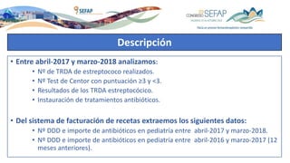 Descripción
• Entre abril-2017 y marzo-2018 analizamos:
• Nº de TRDA de estreptococo realizados.
• Nº Test de Centor con puntuación ≥3 y <3.
• Resultados de los TRDA estreptocócico.
• Instauración de tratamientos antibióticos.
• Del sistema de facturación de recetas extraemos los siguientes datos:
• Nº DDD e importe de antibióticos en pediatría entre abril-2017 y marzo-2018.
• Nº DDD e importe de antibióticos en pediatría entre abril-2016 y marzo-2017 (12
meses anteriores).
 