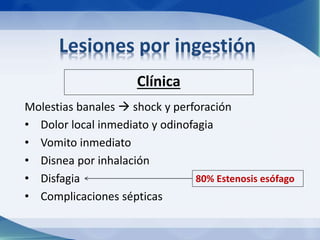 Lesiones por ingestión 
Clínica 
Molestias banales  shock y perforación 
• Dolor local inmediato y odinofagia 
• Vomito inmediato 
• Disnea por inhalación 
• Disfagia 
• Complicaciones sépticas 
80% Estenosis esófago 
 