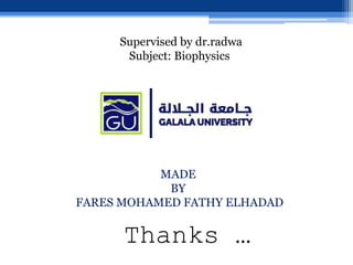 MADE
BY
FARES MOHAMED FATHY ELHADAD
Thanks …
Supervised by dr.radwa
Subject: Biophysics
 