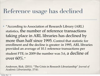 Reference usage has declined
✤ “According to Association of Research Library (ARL)
statistics, the number of reference transactions
taking place in ARL libraries has declined by
more than half since 1995. Control that statistic for
enrollment and the decline is greater: in 1995, ARL libraries
provided an average of 10.1 reference transactions per
student FTE; in 2009 the number was 3.6, a decline of
over 60%.”
Anderson, Rick. (2011). “The Crisis in Research Librarianship” Journal of
Academic Librarianship, 37(4).
Tuesday, May 7, 13
 