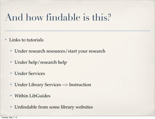 And how findable is this?
✤ Links to tutorials
✤ Under research resources/start your research
✤ Under help/research help
✤ Under Services
✤ Under Library Services --> Instruction
✤ Within LibGuides
✤ Unﬁndable from some library websites
Tuesday, May 7, 13
 