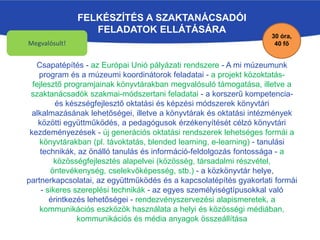 FELKÉSZÍTÉS A SZAKTANÁCSADÓI
FELADATOK ELLÁTÁSÁRA
Csapatépítés - az Európai Unió pályázati rendszere - A mi múzeumunk
program és a múzeumi koordinátorok feladatai - a projekt közoktatás-
fejlesztő programjainak könyvtárakban megvalósuló támogatása, illetve a
szaktanácsadók szakmai-módszertani feladatai - a korszerű kompetencia-
és készségfejlesztő oktatási és képzési módszerek könyvtári
alkalmazásának lehetőségei, illetve a könyvtárak és oktatási intézmények
közötti együttműködés, a pedagógusok érzékenyítését célzó könyvtári
kezdeményezések - új generációs oktatási rendszerek lehetséges formái a
könyvtárakban (pl. távoktatás, blended learning, e-learning) - tanulási
technikák, az önálló tanulás és információ-feldolgozás fontossága - a
közösségfejlesztés alapelvei (közösség, társadalmi részvétel,
öntevékenység, cselekvőképesség, stb.) - a közkönyvtár helye,
partnerkapcsolatai, az együttműködés és a kapcsolatépítés gyakorlati formái
- sikeres szereplési technikák - az egyes személyiségtípusokkal való
érintkezés lehetőségei - rendezvényszervezési alapismeretek, a
kommunikációs eszközök használata a helyi és közösségi médiában,
kommunikációs és média anyagok összeállítása
Megvalósult!
30 óra,
40 fő
 