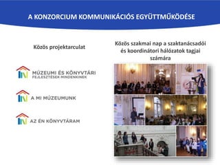 A KONZORCIUM KOMMUNIKÁCIÓS EGYÜTTMŰKÖDÉSE
Közös projektarculat
Közös szakmai nap a szaktanácsadói
és koordinátori hálózatok tagjai
számára
 