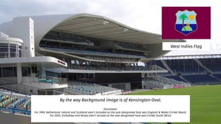 By the way Background image is of Kensington Oval.
Disclaimer:
For 1999, Netherland, Ireland and Scotland aren’t included as the sole designated host was England & Wales Cricket Board.
For 2003, Zimbabwe and Kenya aren’t include as the sole designated host was Cricket South Africa
West Indies Flag
 