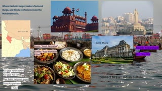 Where Kashmiri carpet makers featured
Durga, and Hindu craftsmen create the
Muharram tazia.
Garib Khana
Nazeer Akbarabadi
Mir Taqi Mir
Hosts: “Nosh Farmaiye”
Guests: “Aap Bismillah
Kijiye”
Connect to a an Indian Culture.
Koi jape rahim rahim
Koi jape hai ram
Das Kabir hai prem pujari
Dono ko parnaam
- Kabir
 