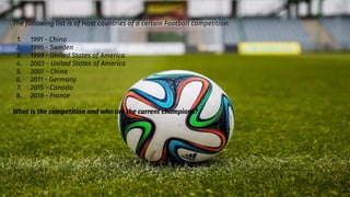 The following list is of Host countries of a certain Football competition:
1. 1991 - China
2. 1995 - Sweden
3. 1999 - United States of America
4. 2003 - United States of America
5. 2007 - China
6. 2011 - Germany
7. 2015 - Canada
8. 2019 - France
What is the competition and who are the current champions?
 