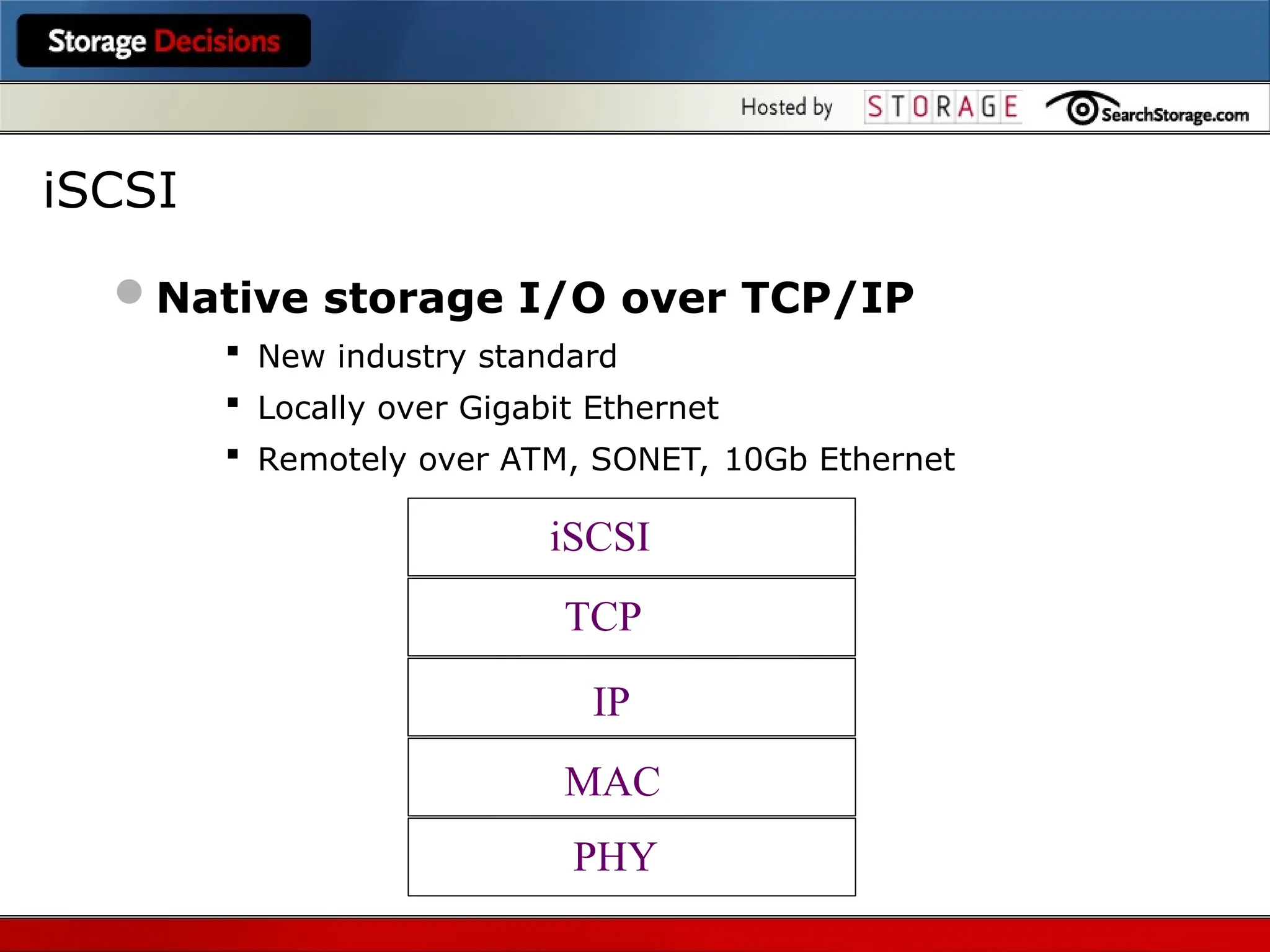 Native storage I/O over TCP/IP
 New industry standard
 Locally over Gigabit Ethernet
 Remotely over ATM, SONET, 10Gb Ethernet
iSCSI
TCP
IP
MAC
PHY
iSCSI
 