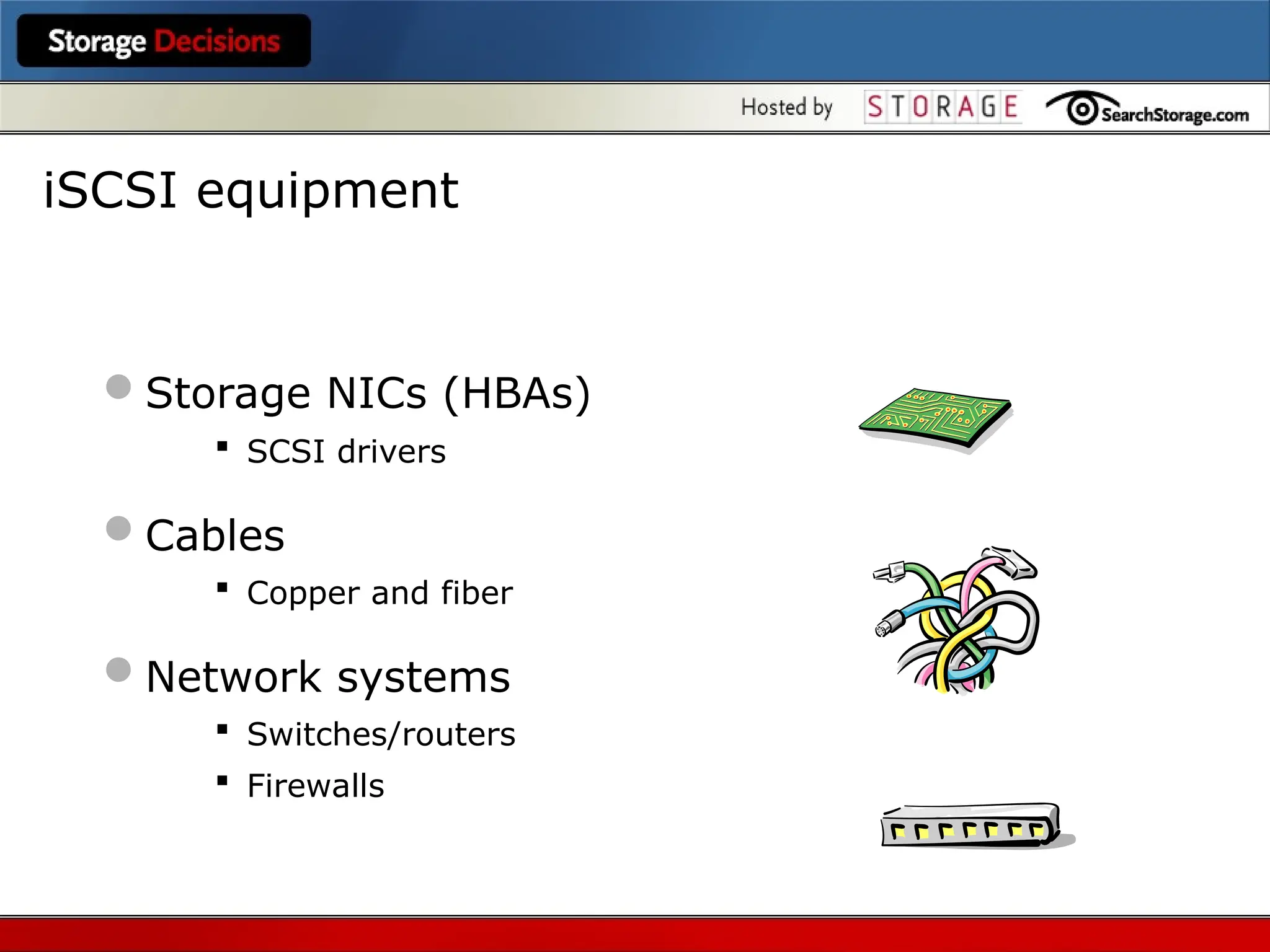 Storage NICs (HBAs)
 SCSI drivers
Cables
 Copper and fiber
Network systems
 Switches/routers
 Firewalls
iSCSI equipment
 