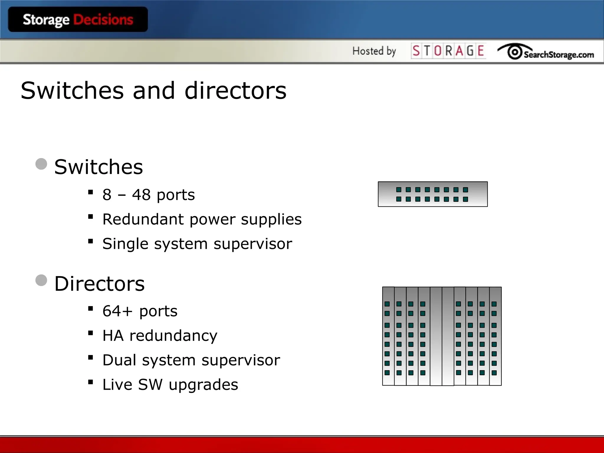 Switches
 8 – 48 ports
 Redundant power supplies
 Single system supervisor
Directors
 64+ ports
 HA redundancy
 Dual system supervisor
 Live SW upgrades
Switches and directors
 