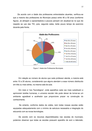 15



     De acordo com a idade dos professores entrevistados atuantes, verificou-se
que a maioria dos professores do Município possui entre 46 a 50 anos (conforme
figura). Já almejam a aposentadoria e poucos pensam em atualizar-se no que diz
respeito ao uso das TIC, pois, segundo estes, terão pouco tempo de exercício
docente pela frente.


                               Idade dos Professores
                              3%
                                        3%
                       7%                                           de 18 a 25 anos
                                                16%                 de 26 a 30 anos
                                                                    de 31 a 35 anos
                                                                    de 36 a 40 anos
                26%
                                                                    de 41 a 45 anos
                                                         10%
                                                                    de 46 a 50 anos
                                                                    de 51 a 55 anos
                                                                    de 56 a 60 anos
                                                                    mais de 60 anos
                                                 19%
                       16%

                       Figura 1: Idade dos Professores Municipais




      Em relação ao número de alunos que cada professor atende, a maioria está
entre 10 a 20 alunos, considerando que alguns atendem a esse número distribuído
em três ou mais séries, na mesma sala de aula.

      Em meio à “era Tecnológica”, onde aparelhos cada vez mais substituem e
aprimoram tarefas humanas, o universo escolar não pode deixar de tornar-se um
ambiente agradável e acolhedor que proporcione prazer na construção do
conhecimento.

       No entanto, conforme dados da coleta, nem todas nossas escolas estão
equipadas adequadamente com o mínimo de estrutura necessária a integração do
educando com as novas tecnologias.

      De acordo com os recursos disponibilizados nas escolas do município,
podemos observar que todas as escolas possuem aparelho de som e televisão.
 