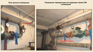 Реле протока в бойлерной Размещение термодатчиков на подающих линиях ГВС 
в бойлерной 
 