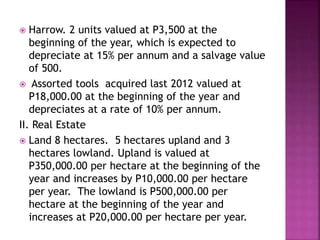  Harrow. 2 units valued at P3,500 at the
beginning of the year, which is expected to
depreciate at 15% per annum and a salvage value
of 500.
 Assorted tools acquired last 2012 valued at
P18,000.00 at the beginning of the year and
depreciates at a rate of 10% per annum.
II. Real Estate
 Land 8 hectares. 5 hectares upland and 3
hectares lowland. Upland is valued at
P350,000.00 per hectare at the beginning of the
year and increases by P10,000.00 per hectare
per year. The lowland is P500,000.00 per
hectare at the beginning of the year and
increases at P20,000.00 per hectare per year.
 