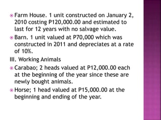  Farm House. 1 unit constructed on January 2,
2010 costing P120,000.00 and estimated to
last for 12 years with no salvage value.
 Barn. 1 unit valued at P70,000 which was
constructed in 2011 and depreciates at a rate
of 10%.
III. Working Animals
 Carabao; 2 heads valued at P12,000.00 each
at the beginning of the year since these are
newly bought animals.
 Horse; 1 head valued at P15,000.00 at the
beginning and ending of the year.
 