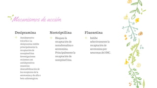 Mecanismos de acción
Desipramina
✢ Antidepresivo
tricíclico.La
desipraminainhibe
principalmentela
recaptaciónde
norepinefrina.
Investigaciones
recientescon
antidepresivos
muestran
desensibilizaciónde
losreceptoresdela
serotoninaydealfao
beta-adrenérgicos.
Nortriptilina
✢ Bloqueala
recaptaciónde
noradrenalinao
serotonina.
Principalmentela
recaptaciónde
norepinefrina.
Fluoxetina
✢ Inhibe
selectivamentela
recaptaciónde
serotoninapor
neuronasdel SNC.
 
