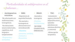 Particularidades de antidepresivos en el
embarazo…
✢ Antidepresivos
tricíclicos:
-Norelacionadocon
malformaciones
teratogénicas.
-Sin alteraciones
neuroconductuales,
cognitivas, enel
lenguajeo
temperamento
-Desipramina y
nortriptilina
✢ ISRS:
-Experienciade
seguridadlimitada.
-Noasociadaa
teratogeniani
alteracionesenel
neurodesarrollo
-Fluoxetina
-paroxetina, sertralina,
citalopram y
fluvoxamina.
✢ IMAO:
-Asociadoa
teratogenia
-Fenelzina,
tranilcipromina.
-NODEBE
USARSEENEL
EMBARAZO.
✢ TEC:
-tratamiento
seguroyefectivo.
(depresiónsevera,
episodios
psicóticos con
síntomasafectivos
ycatatonía)
-últimaopción
terapeútica.
 