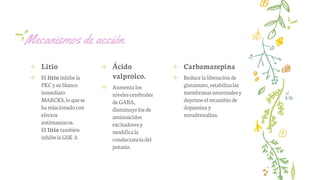 Mecanismos de acción
✢ Litio
✢ El litio inhibela
PKCysu blanco
inmediato
MARCKS,loquese
harelacionadocon
efectos
antimaníacos.
El litio también
inhibelaGSK-3.
✢ Ácido
valproico.
✢ Aumentalos
nivelescerebrales
de GABA,
disminuyelos de
aminoácidos
excitadoresy
modificala
conductancia del
potasio.
✢ Carbamazepina
✢ Reduce laliberaciónde
glutamato, estabilizalas
membranasneuronalesy
deprimeelrecambiode
dopaminay
noradrenalina.
 
