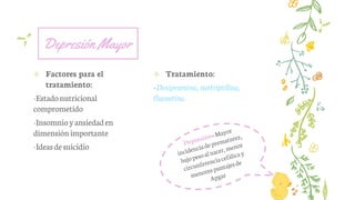 Depresión Mayor
✢ Factores para el
tratamiento:
-Estadonutricional
comprometido
-Insomnioyansiedaden
dimensión importante
-Ideasdesuicidio
✢ Tratamiento:
-Desipramina, nortriptilina,
fluoxetina.
 