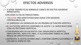 EFECTOS ADVERSOS
• A DOSIS TERAPÉUTICAS NORMALES CARECE DE EFECTOS ADVERSOS
IMPORTANTES.
CON DOSIS ALTAS DE PARACETAMOL:
• 15G LETAL POR HEPATOTOXICIDAD GRAVE CON NECROSIS
CENTROLOBULILLAR
• 4G EMPIEZAN LAS ANOMALÍAS EN LAS PRUEBAS DE FUNCIÓN HEPÁTICA
EL GLUTATIÓN HEPÁTICO DISPONIBLE SE AGOTA Y EL NAPQI REACCIONA
CON LAS PROTEÍNAS HEPÁTICAS.
CONTRAINDICADO EN PACIENTES CON: INSUFICIENCIA HEPÁTICA,
HEPATOPATÍAS, HEPATITIS VIRAL, O ALCOHOLISMO DEBIDO AL GRAN
RIESGO DE HEPATOTOXICIDAD.
ANTÍDOTO: N-ACETILCISTEÍNA (NAC), CONTIENE GRUPOS SULFHIDRILO A
LOS QUE EL NAPQI SE UNE.
 