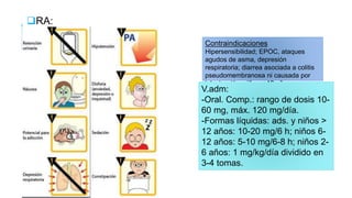 RA:
Contraindicaciones
Hipersensibilidad; EPOC, ataques
agudos de asma, depresión
respiratoria; diarrea asociada a colitis
pseudomembranosa ni causada por
intoxicación; niños < 12 años
V.adm:
-Oral. Comp.: rango de dosis 10-
60 mg, máx. 120 mg/día.
-Formas líquidas: ads. y niños >
12 años: 10-20 mg/6 h; niños 6-
12 años: 5-10 mg/6-8 h; niños 2-
6 años: 1 mg/kg/día dividido en
3-4 tomas.
 