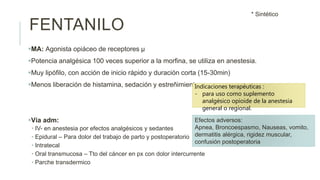 FENTANILO
MA: Agonista opiáceo de receptores µ
Potencia analgésica 100 veces superior a la morfina, se utiliza en anestesia.
Muy lipófilo, con acción de inicio rápido y duración corta (15-30min)
Menos liberación de histamina, sedación y estreñimiento.
Vía adm:
• IV- en anestesia por efectos analgésicos y sedantes
• Epidural – Para dolor del trabajo de parto y postoperatorio
• Intratecal
• Oral transmucosa – Tto del cáncer en px con dolor intercurrente
• Parche transdermico
* Sintético
Efectos adversos:
Apnea, Broncoespasmo, Nauseas, vomito,
dermatitis alérgica, rigidez muscular,
confusión postoperatoria
Indicaciones terapéuticas :
- para uso como suplemento
analgésico opioide de la anestesia
general o regional.
 