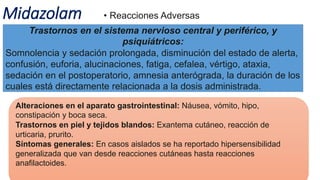 Midazolam • Reacciones Adversas
Trastornos en el sistema nervioso central y periférico, y
psiquiátricos:
Somnolencia y sedación prolongada, disminución del estado de alerta,
confusión, euforia, alucinaciones, fatiga, cefalea, vértigo, ataxia,
sedación en el postoperatorio, amnesia anterógrada, la duración de los
cuales está directamente relacionada a la dosis administrada.
Alteraciones en el aparato gastrointestinal: Náusea, vómito, hipo,
constipación y boca seca.
Trastornos en piel y tejidos blandos: Exantema cutáneo, reacción de
urticaria, prurito.
Síntomas generales: En casos aislados se ha reportado hipersensibilidad
generalizada que van desde reacciones cutáneas hasta reacciones
anafilactoides.
 