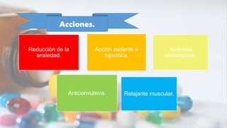 Acciones.
Reducción de la
ansiedad.
Acción sedante e
hipnótica.
Amnesia
anterógrada.
Anticonvulsiva. Relajante muscular.
 
