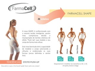 FARMACELL SHAPE

                                                  Modelos



                             A nova SHAPE é confeccionada com
                             o mesmo tecido inteligente, porém
                             mais     compressiva     devido   à
                             incorporação de bandas elásticas de
                             efeito “Push Up”, que modela o seu
                             corpo de forma mais eficaz.




                                                                                                    Vest Classic
                             Esta nova bermuda tem a capacidade
                             de modelar o corpo valorizando a




                                                                                     Classic
                                                                      Mini
                             silhueta e evidenciado as suas
                             formas (ancas definidas e ventre
                             liso).


       TENDÊNCIAS EFEITO PUSH-UP
                                                                   Disponível em 3 modelos nos tamanhos S, M, L e XL
Descubra o que a Farmacell pode fazer pelo seu corpo!                           em preto, branco e bege.
 