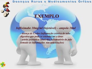 EXEMPLO

Infliximabe 10mg/ml (injetável) – ampola 10ml
   - doença de Crohn (inflamação crônica do tubo
   digestivo que pode se estender ate o ânus
   - artrite psoriática (distúrbio inflamatório da pele
   somado às inflamações nas articulações)
 