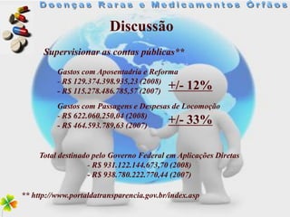 Discussão
      Supervisionar as contas públicas**

          Gastos com Aposentadria e Reforma
          - R$ 129.374.398.935,23 (2008)
          - R$ 115.278.486.785,57 (2007)
                                         +/-    12%
          Gastos com Passagens e Despesas de Locomoção
          - R$ 622.060.250,04 (2008)
          - R$ 464.593.789,63 (2007)
                                        +/- 33%

     Total destinado pelo Governo Federal em Aplicações Diretas
                   - R$ 931.122.144.673,70 (2008)
                   - R$ 938.780.222.770,44 (2007)

** http://www.portaldatransparencia.gov.br/index.asp
 