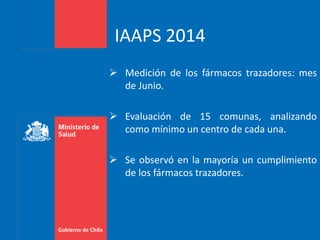 IAAPS 2014
 Medición de los fármacos trazadores: mes
de Junio.
 Evaluación de 15 comunas, analizando
como mínimo un centro de cada una.
 Se observó en la mayoría un cumplimiento
de los fármacos trazadores.
 