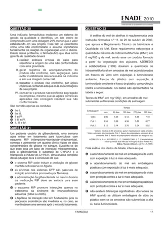 FARMÁCIA 17
2010
EXAME NACIONAL DE DESEMPENHO DOS ESTUDANTES
QUESTÃO 30
Uma indústria farmacêutica implantou um sistema de
comprimidos com uma dosagem 25% menor que o valor
como uma não conformidade e assume importância
Diante desse problema, o farmacêutico que atua como
gerente de qualidade deverá
I.
com esta gravidade.
II. gerar registros de acompanhamento do
produto não conforme, sem segregá-lo, para
evitar instabilidade desnecessária na indústria
e em sua imagem comercial.
III. trabalhar o produto não conforme, por ações
de seu projeto.
IV. conservar o produto não conforme segregado
na empresa, mesmo que as ações corretivas
aplicadas não consigam resolver sua não
conformidade.
São corretas apenas as condutas
A I e II.
B I e III.
C II e IV.
D I, III e IV.
E II, III e IV.
QUESTÃO 31
Um paciente usuário de glibenclamida, uma semana
após entrar em tratamento para tuberculose com
concentrações de glicose no sangue. Suspeita-se de
que esse seja um caso de interação medicamentosa,
pois a glibenclamida é substrato de CYP3A4 e a
rifampicina é indutor do CYP3A4. Uma análise completa
dessa situação leva à conclusão de que
A o sistema RI
B
C a administração da glibenclamida no mesmo horário
da medicação RIP deve ser evitada para esse
paciente.
D o esquema RIP promove interações apenas no
adquirida (SIDA ou AIDS).
E a hipótese de interação não tem fundamento, pois os
manifestaramumasemanaapósoin
QUESTÃO 32
A análise do mel de abelhas é regulamentada pela
Instrução Normativa n.º 11, de 20 de outubro de 2000,
que aprova o Regulamento Técnico de Identidade e
Qualidade do Mel. Esse regulamento estabelece a
6 mg/100 g de mel, sendo esse um produto formado
a partir da degradação dos açúcares. AZEREDO
e colaboradores (1999) dosaram a quantidade de
luminosidade ambiente e frasco de plástico com proteção
contra a luminosidade. Os dados são apresentados na
tabela a seguir.
Teores de HMF, em mg/100g1
, em amostras de mel
submetidas a diferentes condições de estocagem
1
Valores médios de 60 amostras, após 5 repetições de cada amostra.
2
Ciênc. Tecnol. Aliment. vol.19, n.1, 1999.
Pela análise dos dados da tabela, infere-se que
A o acondicionamento do mel em embalagens de vidro
B o acondicionamento do mel em embalagens
C o acondicionamento do mel em embalagens de vidro
D o acondicionamento do mel em embalagens plásticas
E
plástico nem se as amostras são submetidas a alta
de.
 