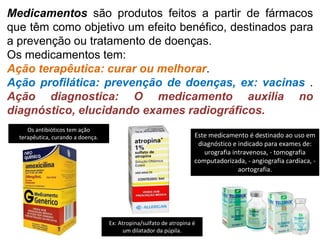 Medicamentos são produtos feitos a partir de fármacos
que têm como objetivo um efeito benéfico, destinados para
a prevenção ou tratamento de doenças.
Os medicamentos tem:
Ação terapêutica: curar ou melhorar.
Ação profilática: prevenção de doenças, ex: vacinas .
Ação diagnostica: O medicamento auxilia no
diagnóstico, elucidando exames radiográficos.
Ex: Atropina/sulfato de atropina é
um dilatador da púpila.
Os antibióticos tem ação
terapêutica, curando a doença. Este medicamento é destinado ao uso em
diagnóstico e indicado para exames de:
urografia intravenosa, - tomografia
computadorizada, - angiografia cardíaca, -
aortografia.
 