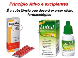 Princípio Ativo e excipientes
É a substância que deverá exercer efeito
farmacológico
 
