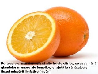 Portocalele, mandarinele si alte fructe citrice, se aseamănă
glandelor mamare ale femeilor, si ajută la sănătatea si
fluxul miscării limfatice în sâni.
 