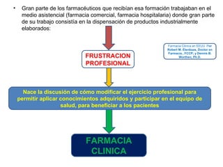 •    Gran parte de los farmacéuticos que recibían esa formación trabajaban en el
     medio asistencial (farmacia comercial, farmacia hospitalaria) donde gran parte
     de su trabajo consistía en la dispensación de productos industrialmente
     elaborados:


                                                               Farmacia Clínica en EEUU Por
                                                               Robert M. Elenbaas, Doctor en
                                                               Farmacia., FCCP; y Dennis B.
                              FRUSTRACION                             Worthen, Ph.D.

                              PROFESIONAL



      Nace la discusión de cómo modificar el ejercicio profesional para
    permitir aplicar conocimientos adquiridos y participar en el equipo de
                     salud, para beneficiar a los pacientes




                              FARMACIA
                               CLINICA
 
