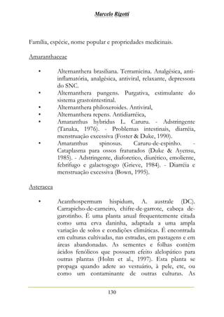 Marcelo Rigotti
130
Família, espécie, nome popular e propriedades medicinais.
Amaranthaceae
• Alternanthera brasiliana. Terramicina. Analgésica, anti-
inflamatória, analgésica, antiviral, relaxante, depressora
do SNC.
• Alternanthera pungens. Purgativa, estimulante do
sistema grastointestinal.
• Alternanthera philoxeroides. Antiviral,
• Alternanthera repens. Antidiarréica,
• Amaranthus hybridus L. Caruru. - Adstringente
(Tanaka, 1976). - Problemas intestinais, diarréia,
menstruação excessiva (Foster & Duke, 1990).
• Amaranthus spinosus. Caruru-de-espinho. -
Cataplasma para ossos fraturados (Duke & Ayensu,
1985). - Adstringente, diaforetico, diurético, emoliente,
febrífugo e galactogogo (Grieve, 1984). - Diarréia e
menstruação excessiva (Bown, 1995).
Asteracea
• Acanthospermum hispidum, A. australe (DC).
Carrapicho-de-carneiro, chifre-de-garrote, cabeça de-
garotinho. É uma planta anual frequentemente citada
como uma erva daninha, adaptada a uma ampla
variação de solos e condições climáticas. É encontrada
em culturas cultivadas, nas estradas, em pastagens e em
áreas abandonadas. As sementes e folhas contêm
ácidos fenólicos que possuem efeito alelopático para
outras plantas (Holm et al., 1997). Esta planta se
propaga quando adere ao vestuário, à pele, etc, ou
como um contaminante de outras culturas. As
 