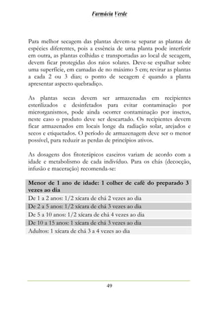 Farmácia Verde
49
Para melhor secagem das plantas devem-se separar as plantas de
espécies diferentes, pois a essência de uma planta pode interferir
em outra, as plantas colhidas e transportadas ao local de secagem,
devem ficar protegidas dos raios solares. Deve-se espalhar sobre
uma superfície, em camadas de no máximo 5 cm; revirar as plantas
a cada 2 ou 3 dias; o ponto de secagem é quando a planta
apresentar aspecto quebradiço.
As plantas secas devem ser armazenadas em recipientes
esterilizados e desinfetados para evitar contaminação por
microrganismos, pode ainda ocorrer contaminação por insetos,
neste caso o produto deve ser descartado. Os recipientes devem
ficar armazenados em locais longe da radiação solar, arejados e
secos e etiquetados. O período de armazenagem deve ser o menor
possível, para reduzir as perdas de princípios ativos.
As dosagens dos fitoterápicos caseiros variam de acordo com a
idade e metabolismo de cada indivíduo. Para os chás (decocção,
infusão e maceração) recomenda-se:
Menor de 1 ano de idade: 1 colher de café do preparado 3
vezes ao dia
De 1 a 2 anos: 1/2 xícara de chá 2 vezes ao dia
De 2 a 5 anos: 1/2 xícara de chá 3 vezes ao dia
De 5 a 10 anos: 1/2 xícara de chá 4 vezes ao dia
De 10 a 15 anos: 1 xícara de chá 3 vezes ao dia
Adultos: 1 xícara de chá 3 a 4 vezes ao dia
 