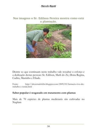 Marcelo Rigotti
54
Nas imagens o Sr. Edilson Pereira mostra como está
a plantação.
Dentre so que continuam neste trabalho vale ressaltar o esforço e
a dedicação destas pessoas: Sr. Edilson, Marli do Zé, Dona Regina,
Cadito, Maninho e Eliade.
Fonte: http://abcserradofelix.blogspot.com/2009/05/farmacia-viva-abc-
trabalho-e-renda.html
Saber popular é resgatado em tratamento com plantas
Mais de 70 espécies de plantas medicianis são cultivadas no
Nuplam
 