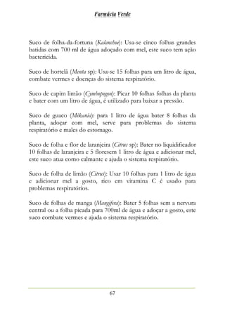 Farmácia Verde
67
Suco de folha-da-fortuna (Kalanchoe): Usa-se cinco folhas grandes
batidas com 700 ml de água adoçado com mel, este suco tem ação
bactericida.
Suco de hortelã (Menta sp): Usa-se 15 folhas para um litro de água,
combate vermes e doenças do sistema respiratório.
Suco de capim limão (Cymbopogon): Picar 10 folhas folhas da planta
e bater com um litro de água, é utilizado para baixar a pressão.
Suco de guaco (Mikania): para 1 litro de água bater 8 folhas da
planta, adoçar com mel, serve para problemas do sistema
respiratório e males do estomago.
Suco de folha e flor de laranjeira (Citrus sp): Bater no liquidificador
10 folhas de laranjeira e 5 floresem 1 litro de água e adicionar mel,
este suco atua como calmante e ajuda o sistema respiratório.
Suco de folha de limão (Citrus): Usar 10 folhas para 1 litro de água
e adicionar mel a gosto, rico em vitamina C é usado para
problemas respiratórios.
Suco de folhas de manga (Mangifera): Bater 5 folhas sem a nervura
central ou a folha picada para 700ml de água e adoçar a gosto, este
suco combate vermes e ajuda o sistema respiratório.
 